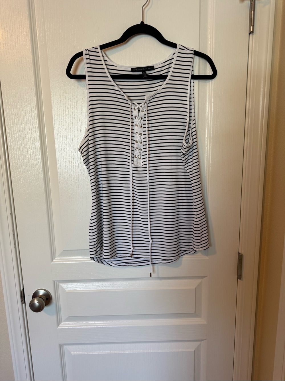 White House Black Market White and Black Striped Lace-Up Tank